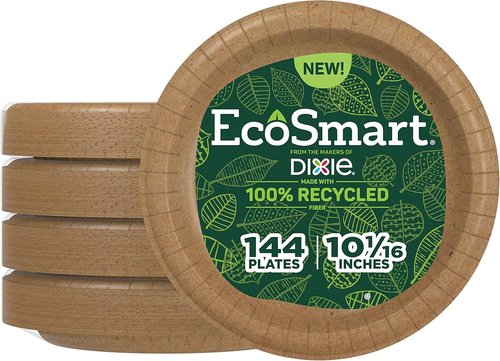 Dixie EcoSmart 100% Recycled Fiber Paper Plates - Large 10" Disposable Plates | 144 Count Pack of 4