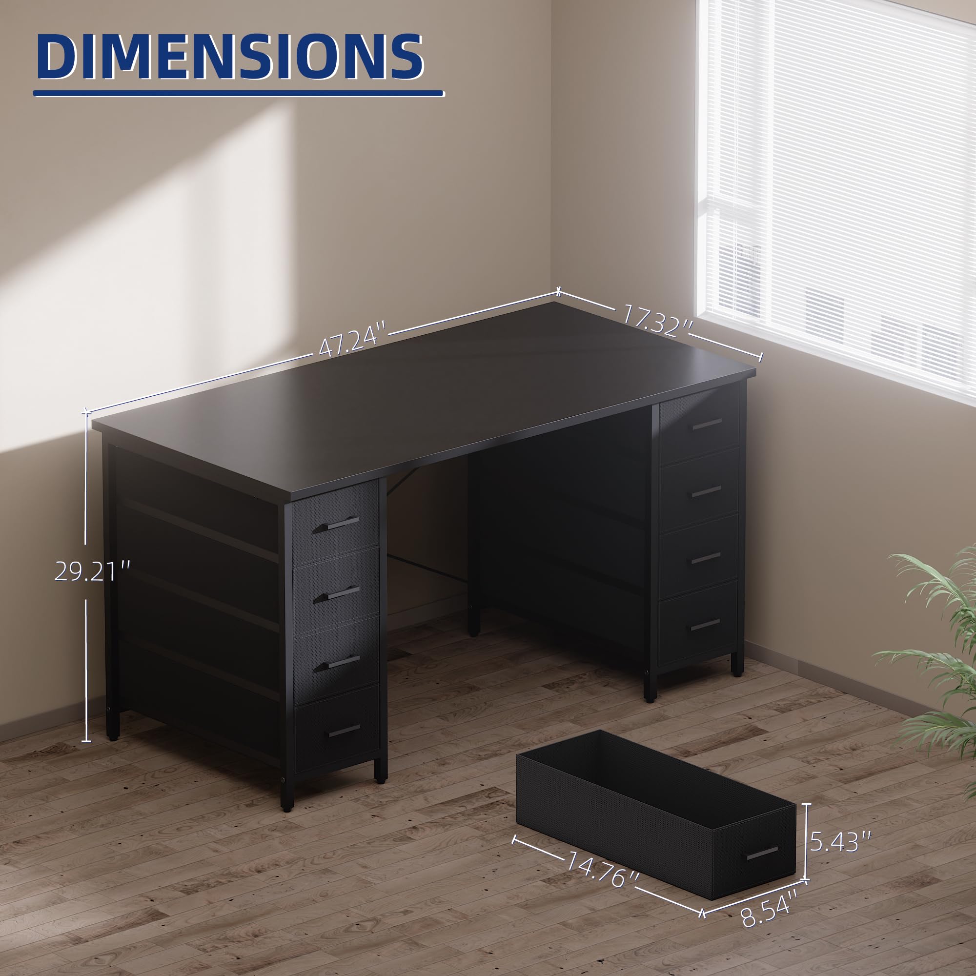 Pamray 47 Inch Computer Desk with 8 Fabric Drawers PC Gaming Desk Home Office Study Work Writing Table for Bedroom White