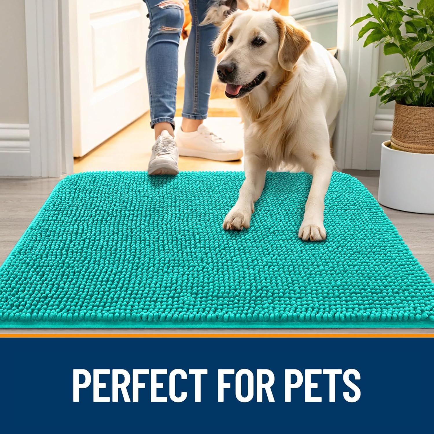 OLANLY Dog Door Mat - Absorbent Non-Slip Chenille Doormat for Muddy Paws | 30x20, Teal