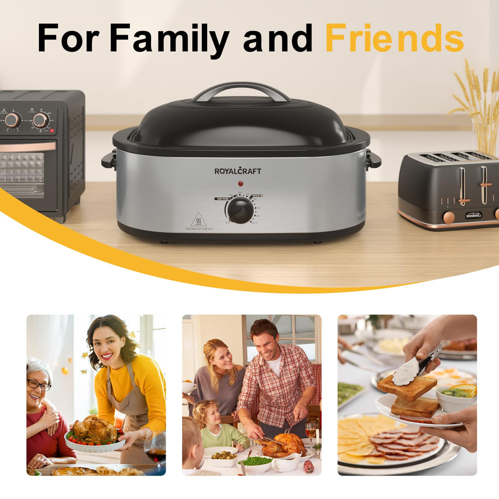 Royalcraft Roaster Oven with Self-Basting Lid, 18qt Electric Roaster with Removable Pan & Rack, Turkey Roaster Oven with Defrost & Warm Function, Stainless Steel, Silver