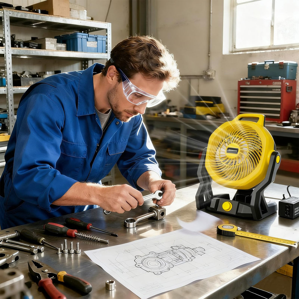 Moutec Battery Powered Fan, Cordless Jobsite Fan Compatible with DeWalt 20V & AC (adapter included). 650 CFM variable speed — for workshop, outdoor, camping. (Battery Not Included)