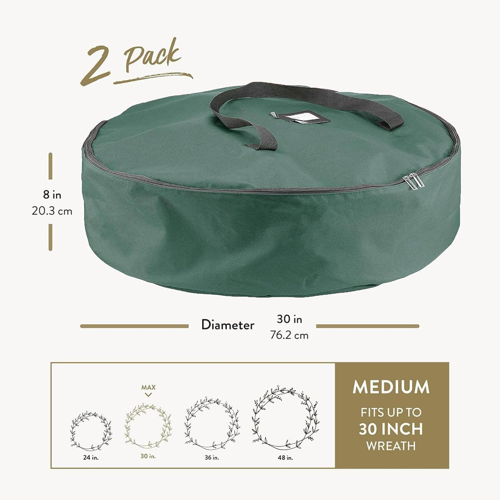 ZOBER Christmas Wreath Storage Bag - 30 Inch Waterproof Oxford Container with Dual Zippers & Durable Handles - Green