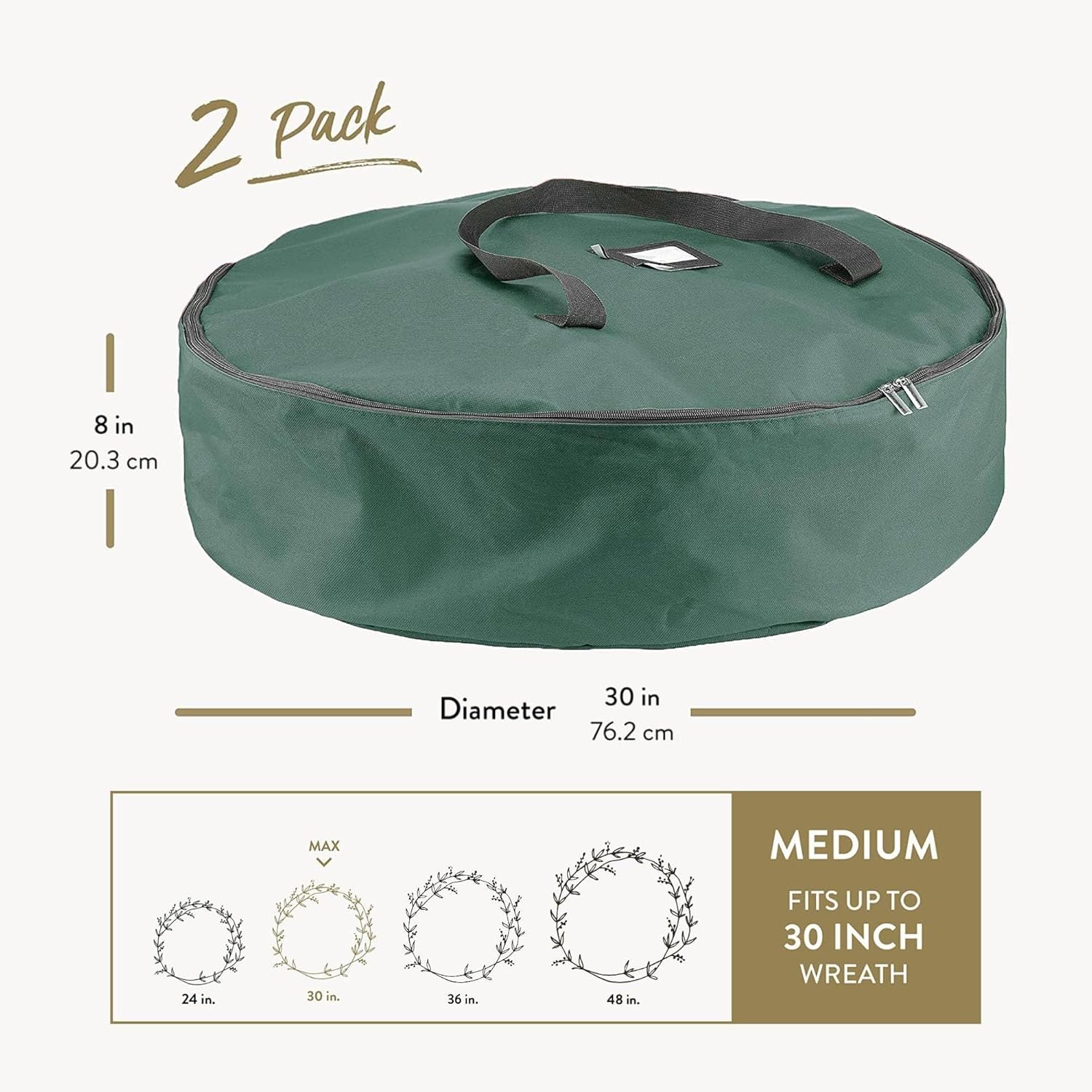 ZOBER Christmas Wreath Storage Bag - 30 Inch Waterproof Oxford Container with Dual Zippers & Durable Handles - Green