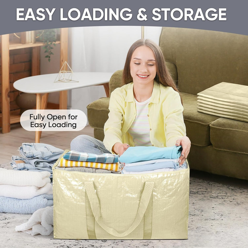 TICONN Extra Large Heavy-Duty Moving Bags - Durable Storage with Zippers & Handles | 6 Pack, Cream