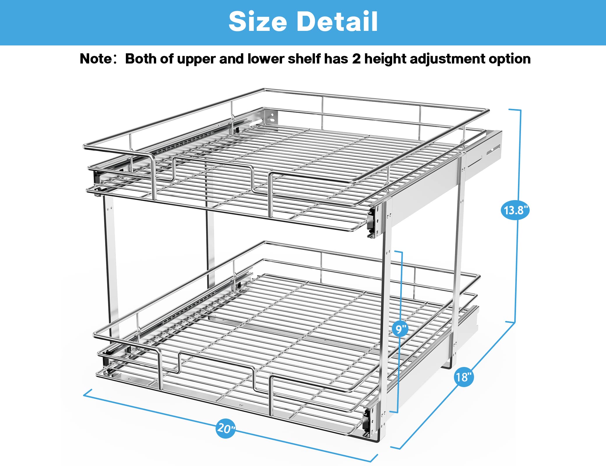 LOVMOR Individual Pull Out Cabinet Organizer, 2 Tier Slide Out Cabinet Drawers, Pots and Pans Organizer and Storage Pantry Shelf for Kitchen (20" W x 18" D)