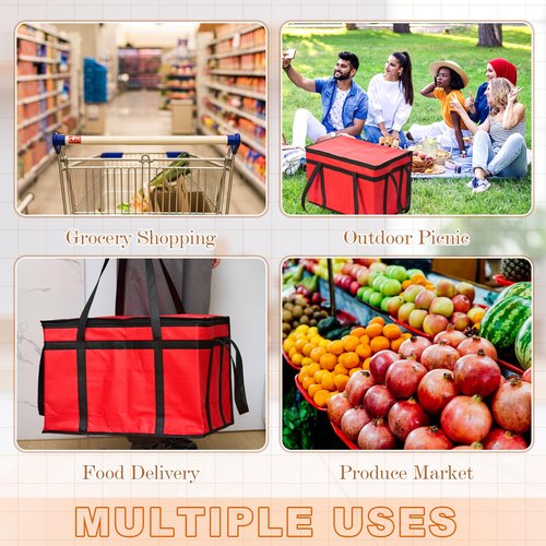 Dansydaisy 10 Pcs Insulated Food Delivery Bags XXXL Pizza Delivery Catering Bags Large Capacity Cooler Carrier with Handle for Hot and Cold Food Grocery Travel Lunch Shopping, Red