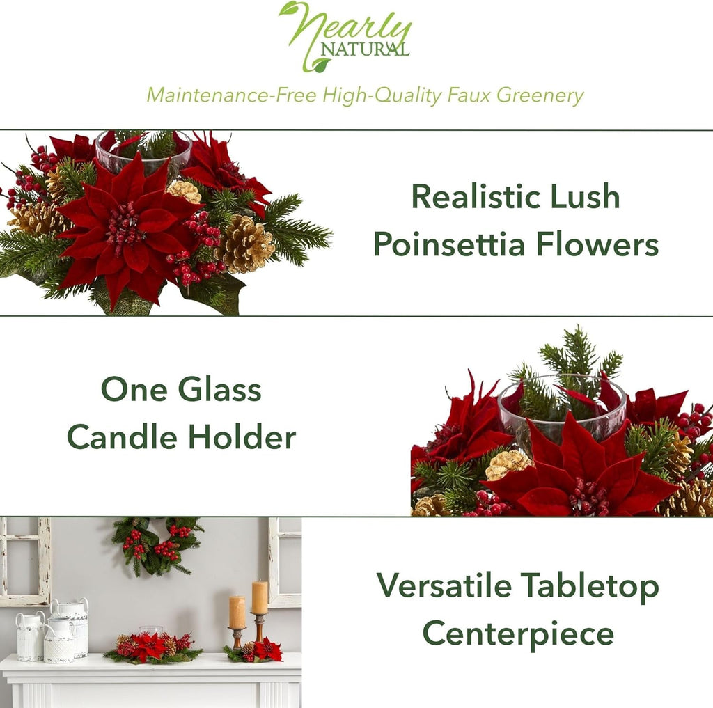Nearly Natural Poinsettia Candelabrum - Red Berry & Golden Pine Cone Silk Arrangement | 14" H x 14" W