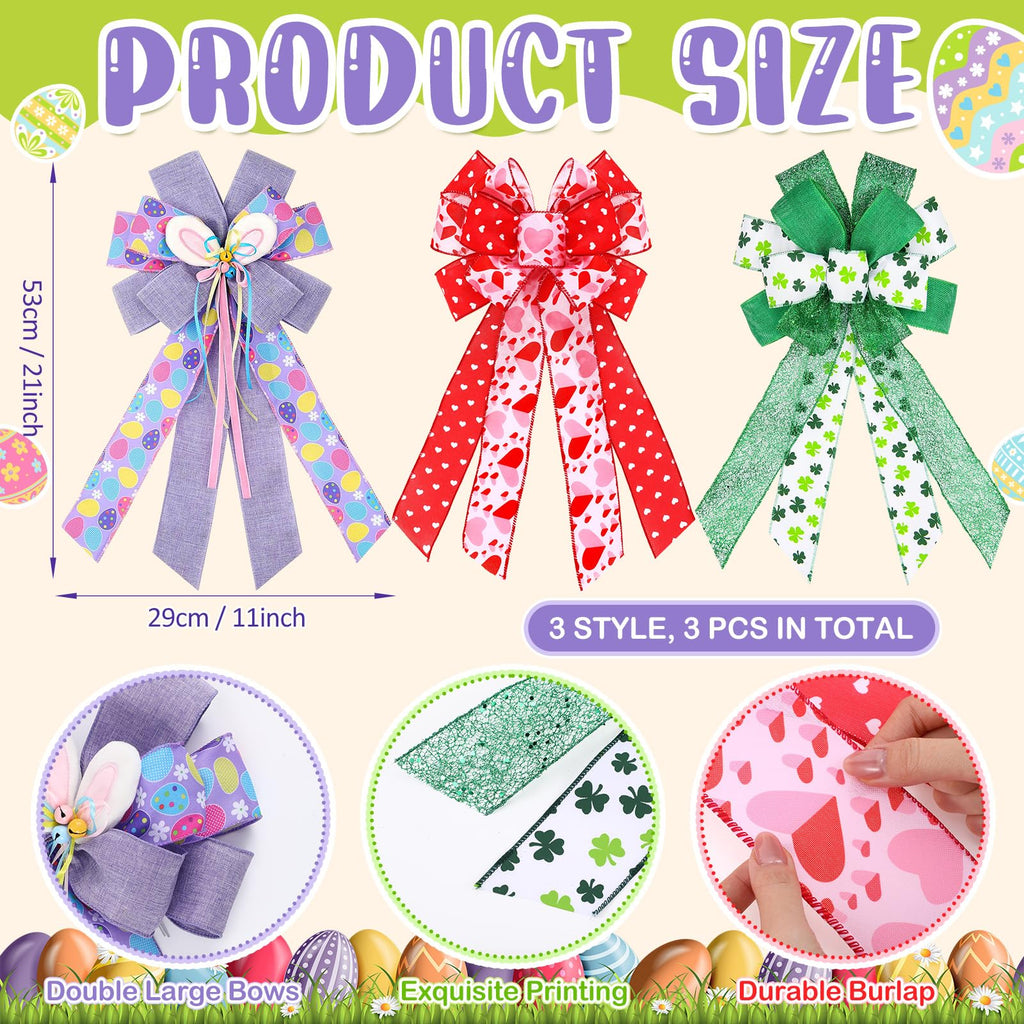 Suncalla 3 Pack Large Spring Holiday Wreath Bows Pre Tied Heart Shamrocks St. Patrick's Day Easter Egg Wired Ribbon Decorative Holiday Tree Topper Bow for Front Door Indoor Outdoor Decorations ()