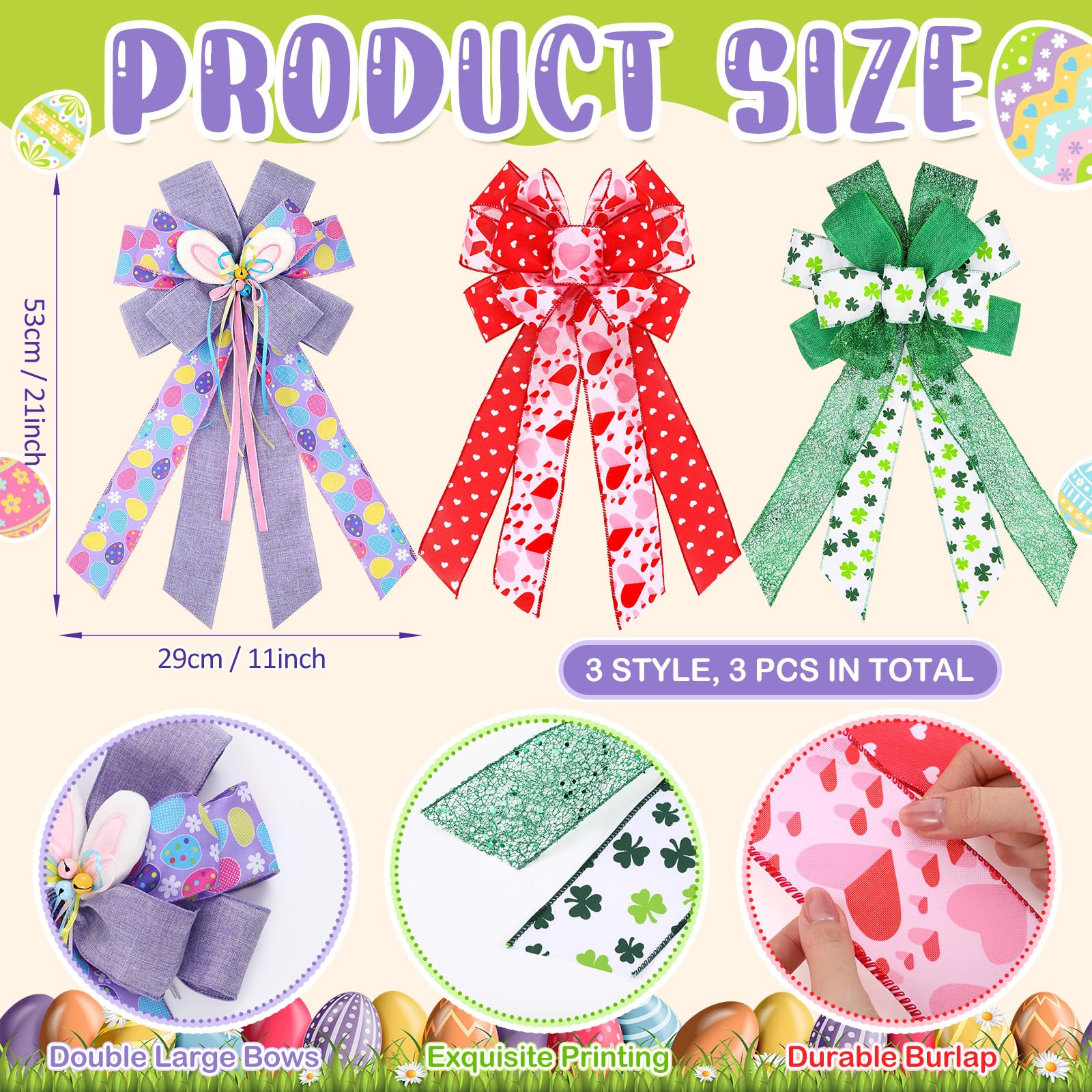 Suncalla 3 Pack Large Spring Holiday Wreath Bows Pre Tied Heart Shamrocks St. Patrick's Day Easter Egg Wired Ribbon Decorative Holiday Tree Topper Bow for Front Door Indoor Outdoor Decorations ()