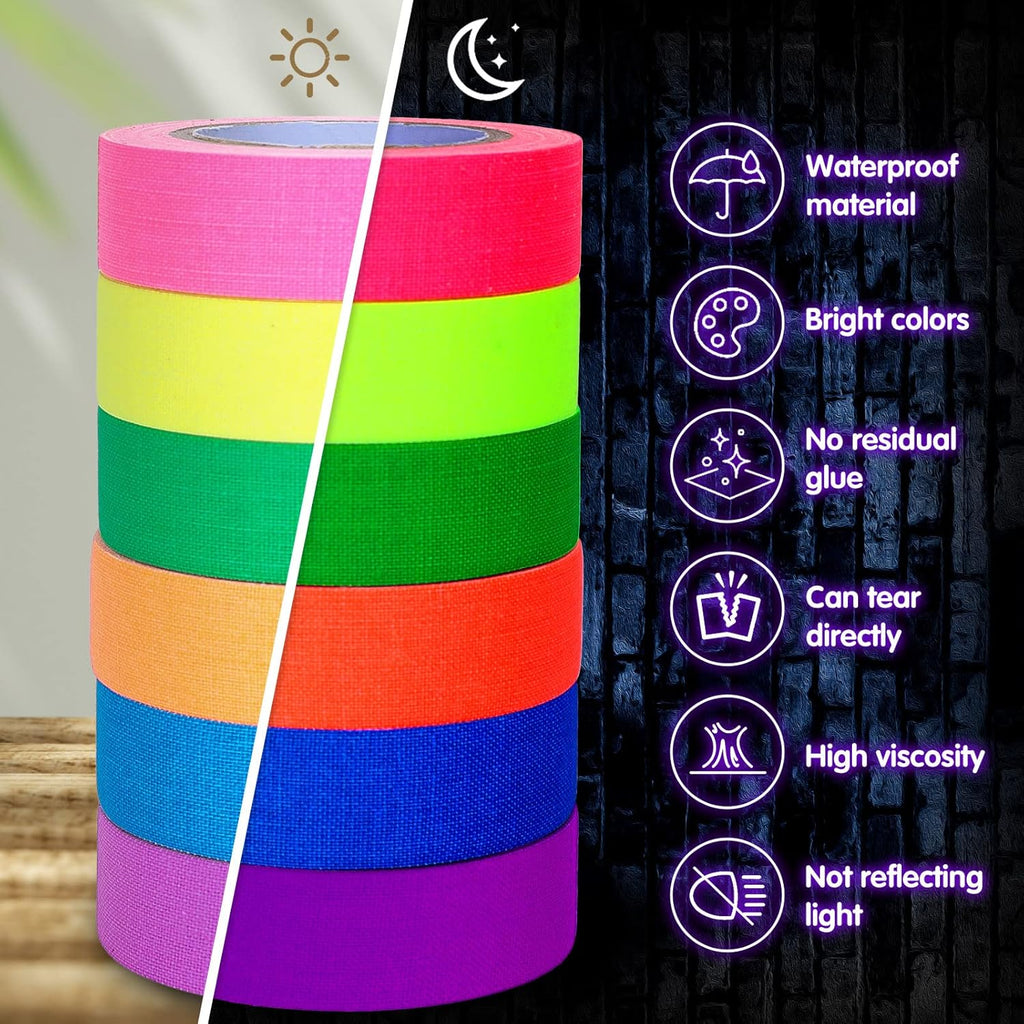 Whaline Neon Gaffer Cloth Tape - Fluorescent UV Blacklight Tape for Parties | 0.6 Inch x 16.5 Feet