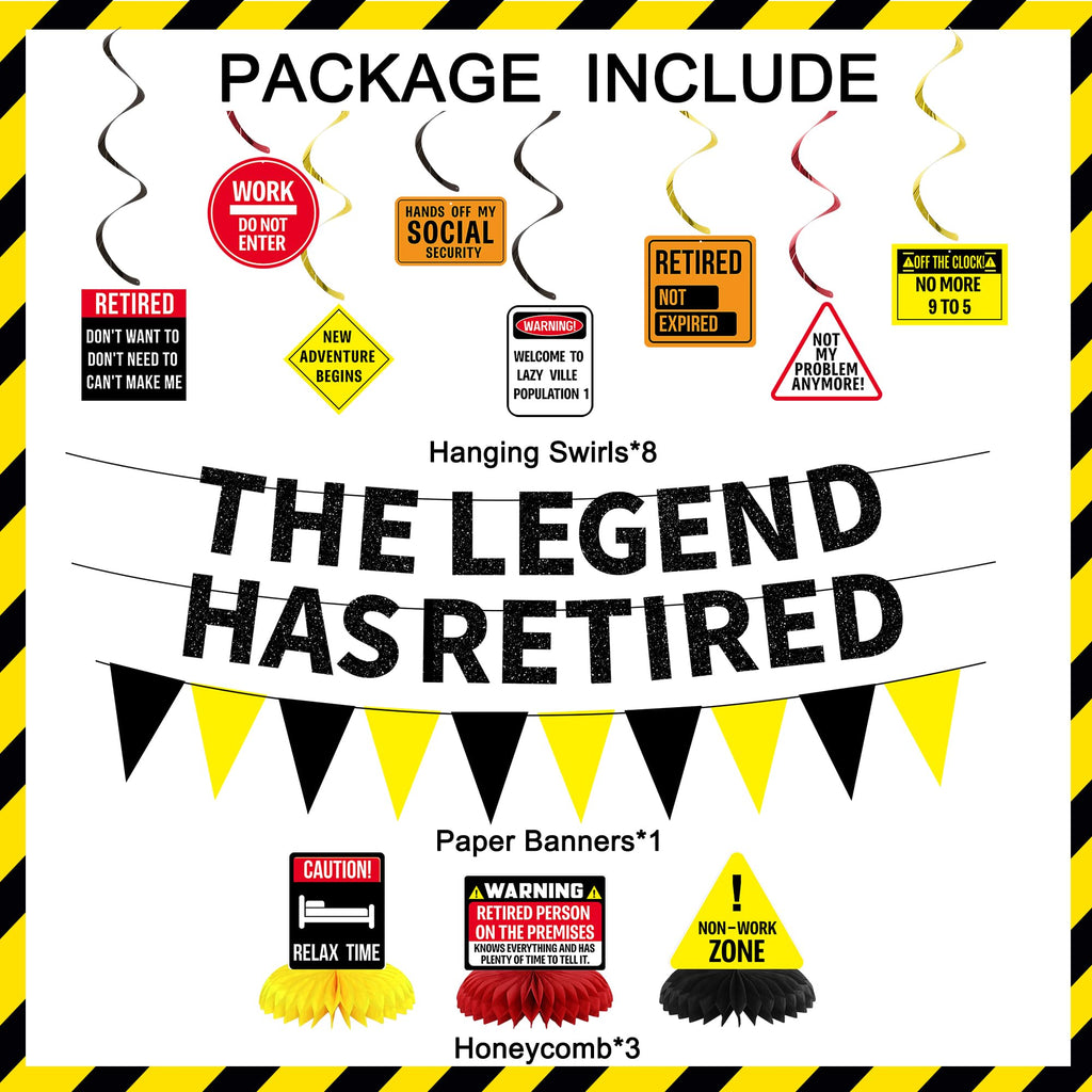 Roetyce Retirement Decorations Men Women, Caution Happy Retirement Banner Hanging Swirls Centerpieces Kit, Funny Legend Retired Party Supplies Backdrop for Coworker Family