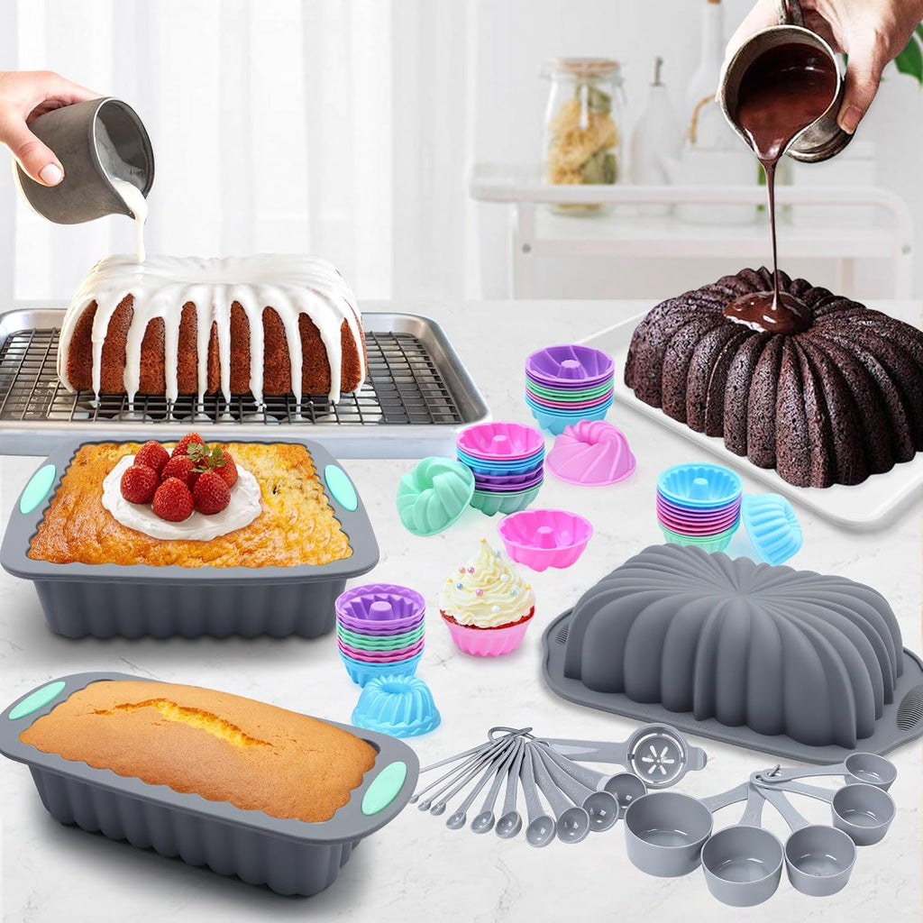 Tongjude Silicone Bakeware Set - 72 Pieces Nonstick Kitchen Baking Pans with Easy Release | Grey