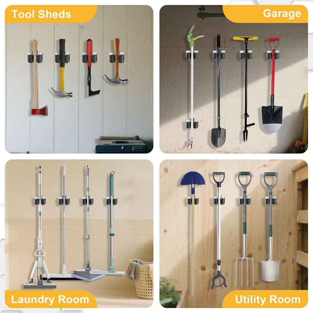 Metal Mop Clips by Broom Holder - 12 Pack Wall-Mounted Grippers with Star-Shaped Rollers for Garden Tool Storage
