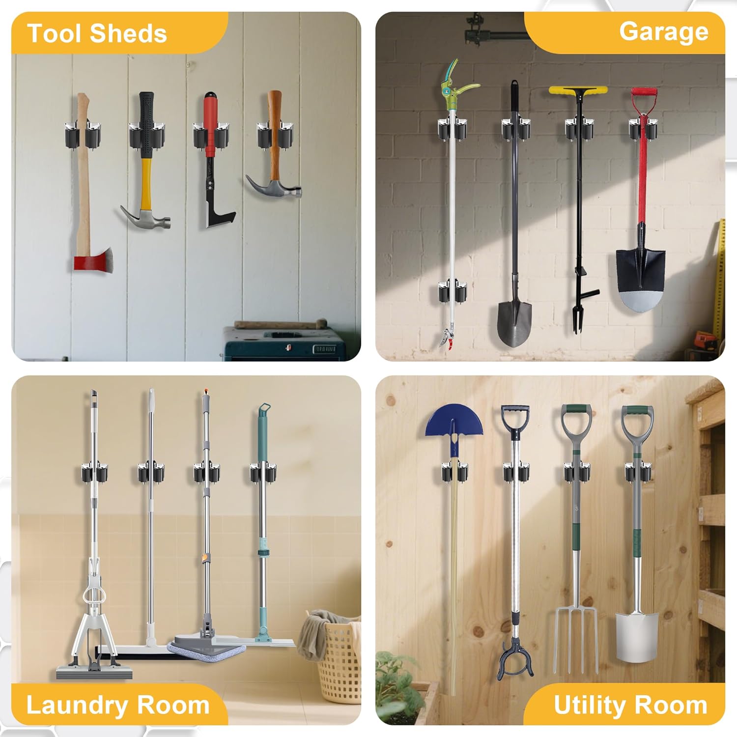 Metal Mop Clips by Broom Holder - 12 Pack Wall-Mounted Grippers with Star-Shaped Rollers for Garden Tool Storage