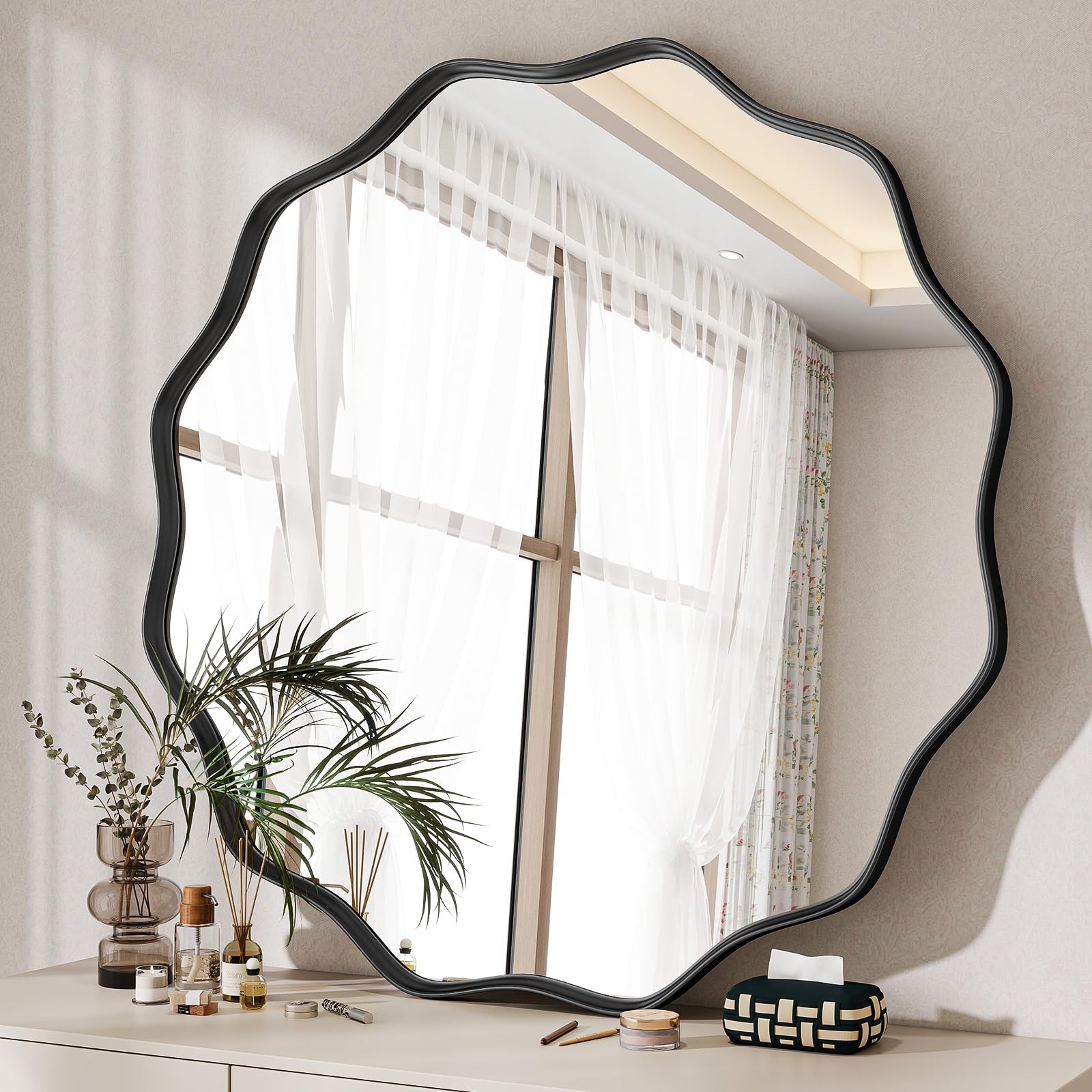 VETROVUE Round Wavy Mirror, 30 Inch Metal Frame Circle Mirror, Round Wall Mounted for Entryway, Bathroom, Vanity, Living Room, Black