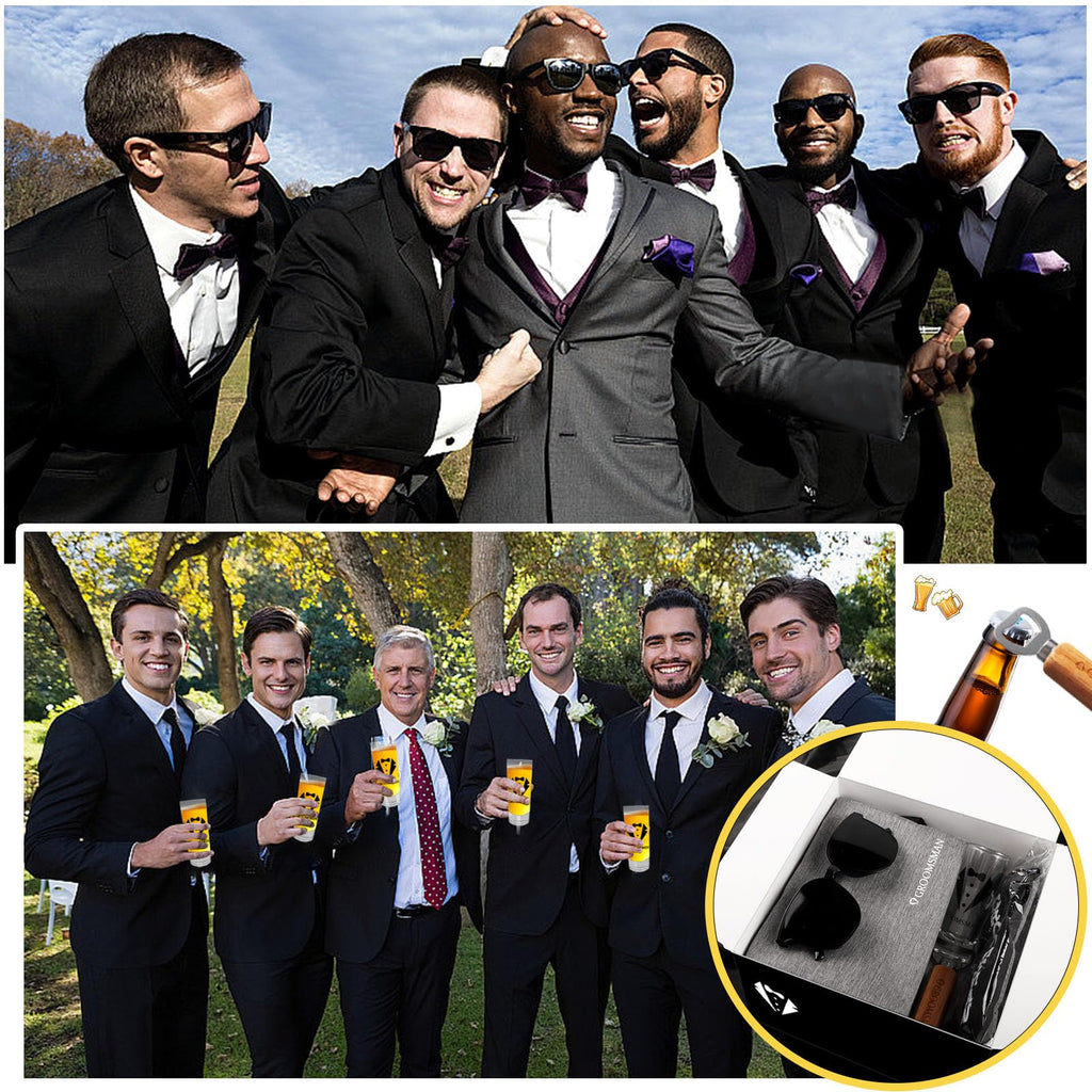 Mhoel 36Pcs Groomsmens Gifts Set of 6,Best Man Groomsmen Proposal Box Gifts,2oz Shot Glasses,Oxford Bags,Black Sunglasses,Bottle Openers,Socks,Proposal Boxes,Wedding Bachelor Party for Groomsmens