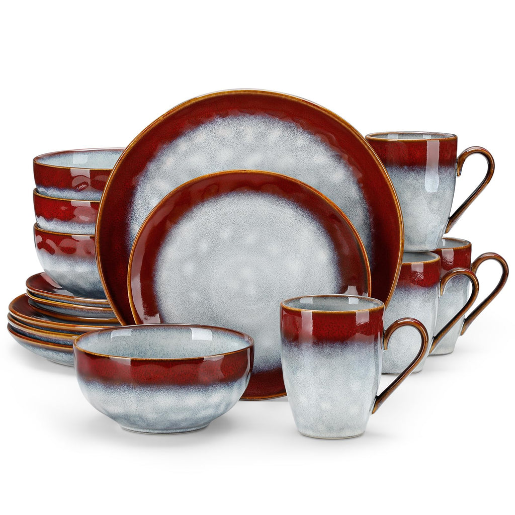 vancasso Starry 16 Pieces Dinnerware Set for 4, Handmade Reactive Glaze Stoneware Plates and Bowls Set, Dishes Set with Mugs for 4, Microwave & Dishwasher Safe, Red