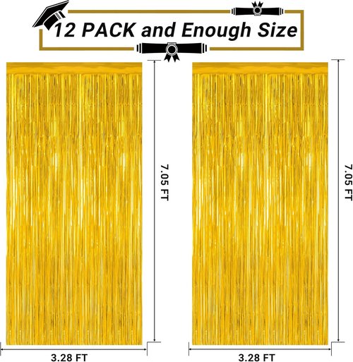 Gold Backdrop Curtains by Class of 2026 - 12 Pack Metallic Fringe Streamers | 3.28 FT x 7.05 FT Graduation Decorations