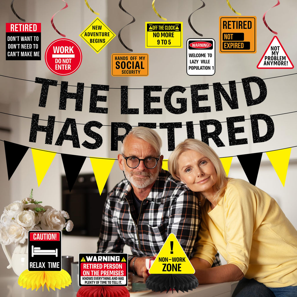 Roetyce Retirement Decorations Men Women, Caution Happy Retirement Banner Hanging Swirls Centerpieces Kit, Funny Legend Retired Party Supplies Backdrop for Coworker Family