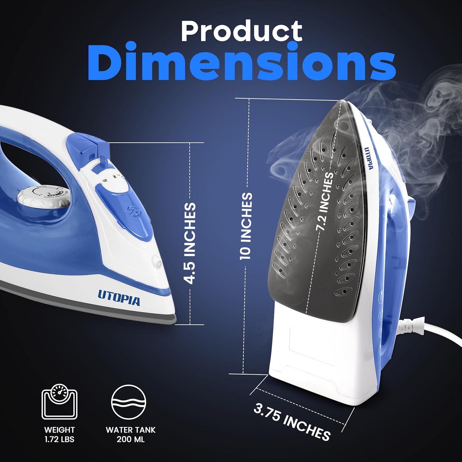 Utopia Home Steam Iron - 1200W Non-Stick Soleplate Clothes Iron | 2.3m Cord, Adjustable Thermostat & Safety Features