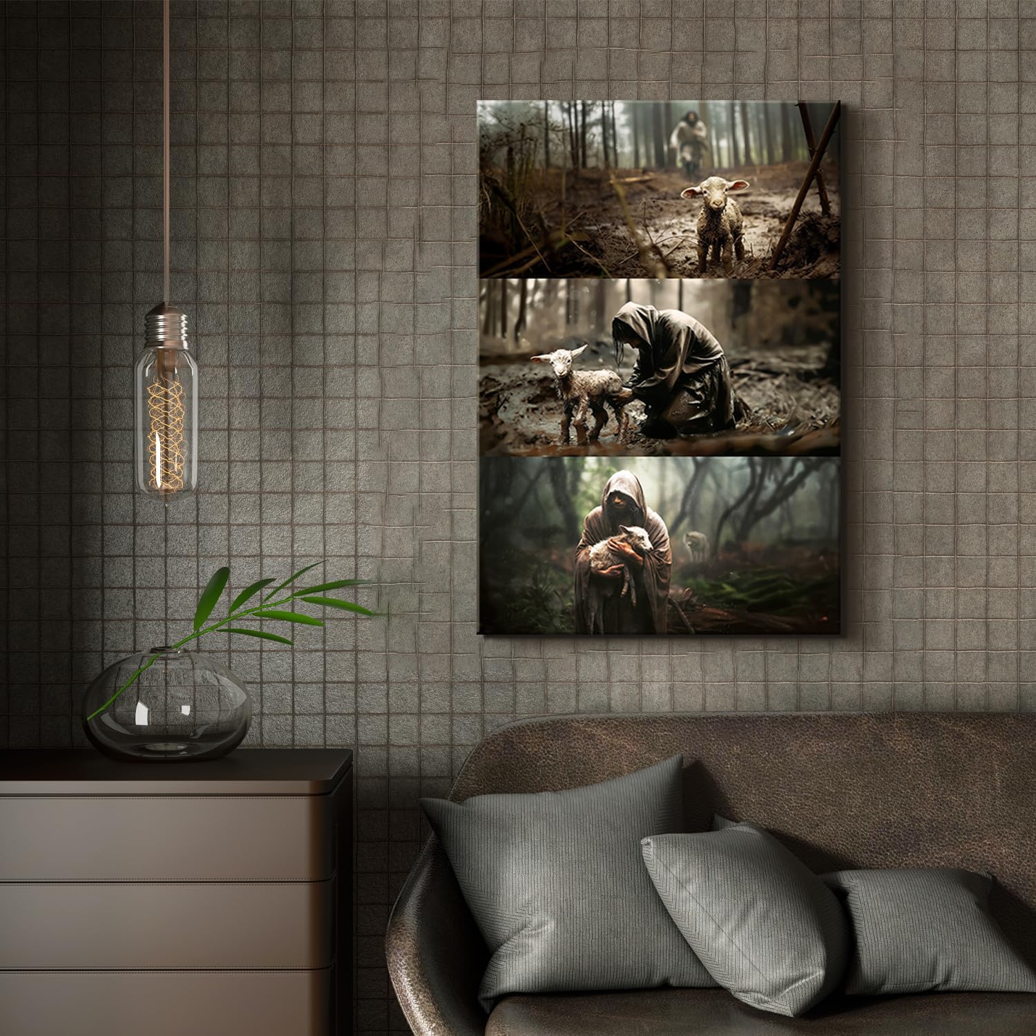 Regine Switzerland Framed Jesus and Lamb Canvas Wall Art - Vintage Christian Decor | 12x16in