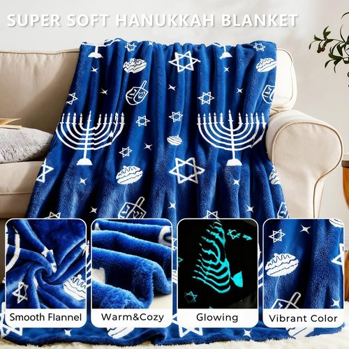 GOAUS Hanukkah Flannel Throw Blanket Glow in The Dark, 50x60 Inch, Jewish Chanukah Gifts for Boys Girls Kids
