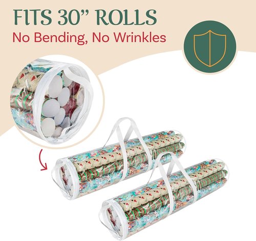 Elf Stor Wrapping Paper Storage Bags - Clear Totes with Handles for 30-Inch Roll Organization