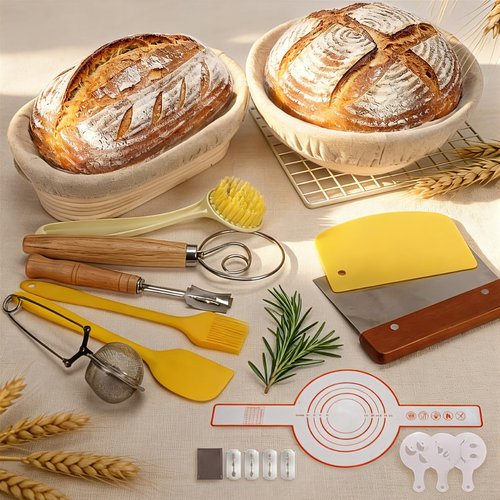 Sourdough Starter Kit with 15 Tools – Bread Making Kit: 9" Round & 10" Oval Banneton Bread Proofing Basket Set, Essential Sourdough Bread Baking Supplies for Beginners, Homemade Baking & Gifts