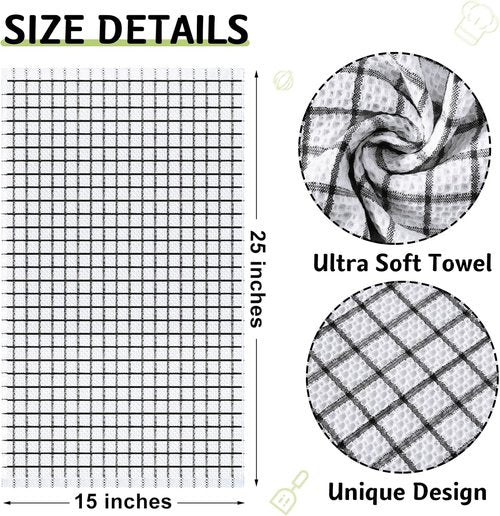 Homaxy Kitchen Towels - 100% Cotton, Super Soft & Absorbent, 6-Pack, 15 x 25 Inches, Black Check Design