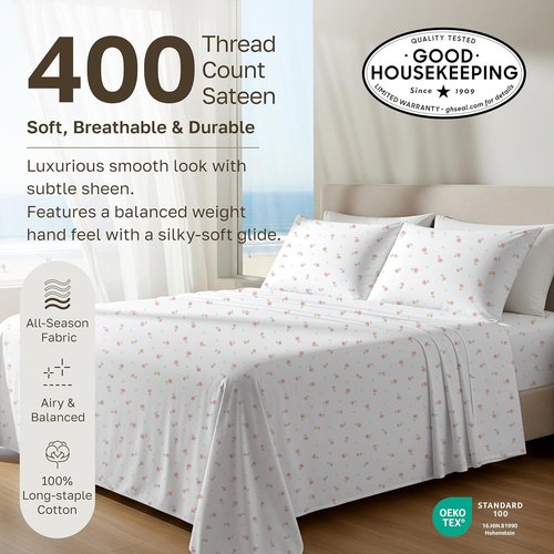 California Design Den Twin Size Bed Sheets Set - 100% Cotton, 400 Thread Count, Smooth Sateen Finish, Floral Design