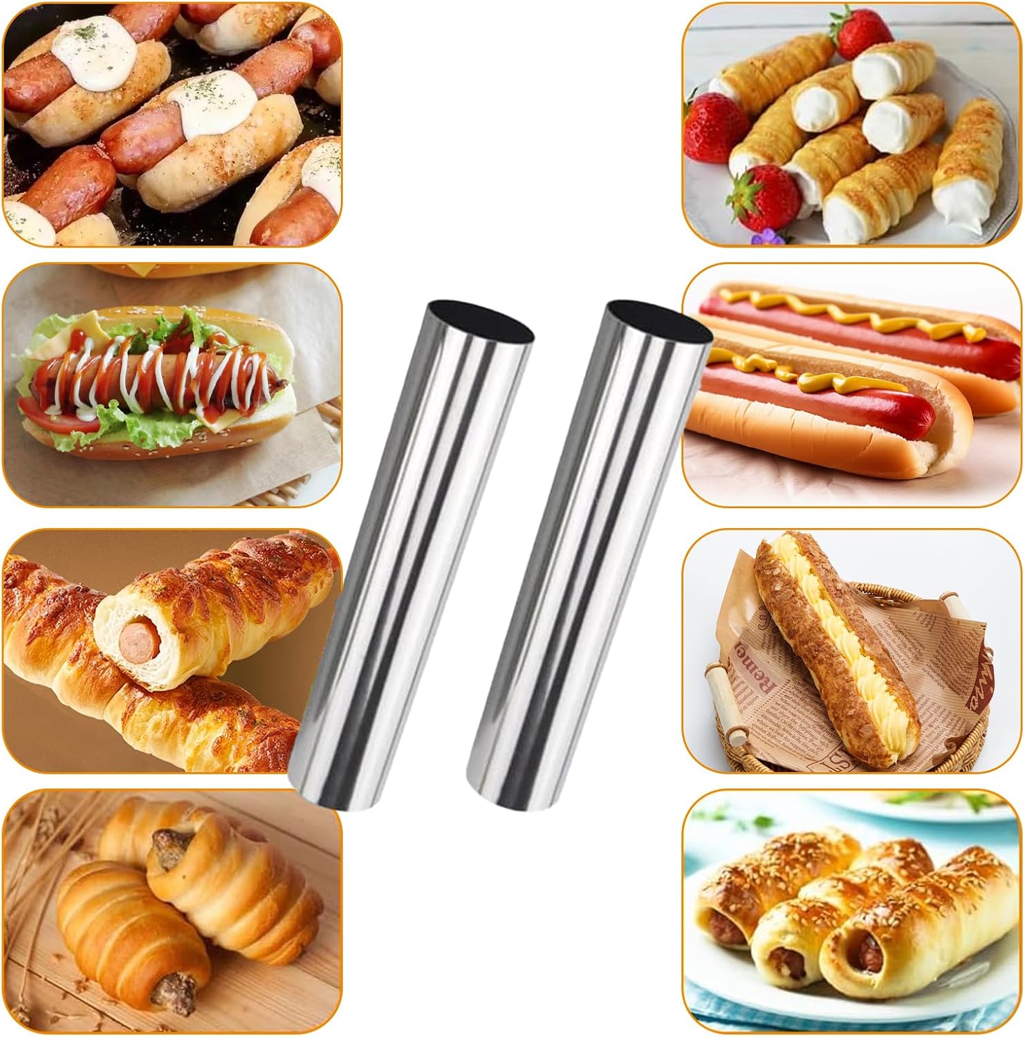 Skiennix Cream Horn Molds - Stainless Steel Cannoli Tubes Kit with 20 Baking Cones & Brush