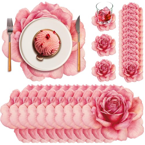 Geosar 200 Pcs Pink Floral Paper Placemats and Coasters Spring Summer Flower Chargers Table Mat Disposable Rose Flower Placemat with Coasters for Tea Party Wedding Bridal Baby Shower Birthday 13''