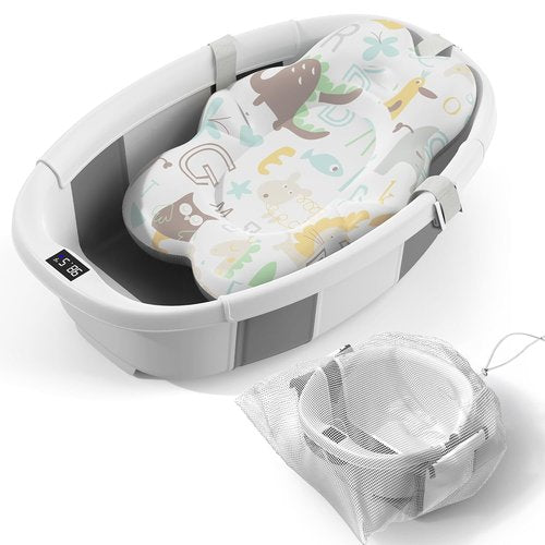 Collapsible Baby Bathtub - Portable Infant Bath Tub with Thermometer & Cushion | Foldable Toddler Bath for Newborns 0-36 Months (Grey)