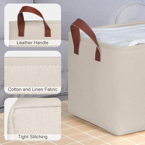 KEEGH Storage Baskets - Fabric Organizing Bins with Leather Handles | 15" L x 11" W x 10" H, Beige, 4 Pack