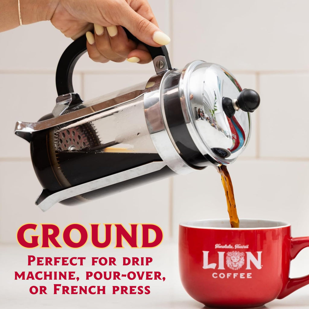 Lion Coffee Premium Gold Roast, 10% Kona Coffee Blend, Medium-Light Roast, A Taste of Aloha - Ground, 24 Ounce Bag