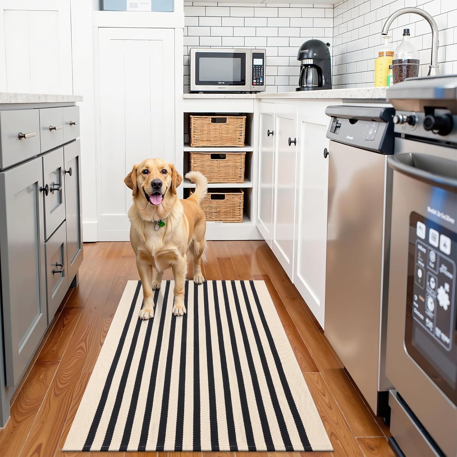OLANLY Striped Rug - Washable Beige and Black Cotton Doormat | 2'4" x 3'7" for Indoor/Outdoor Use