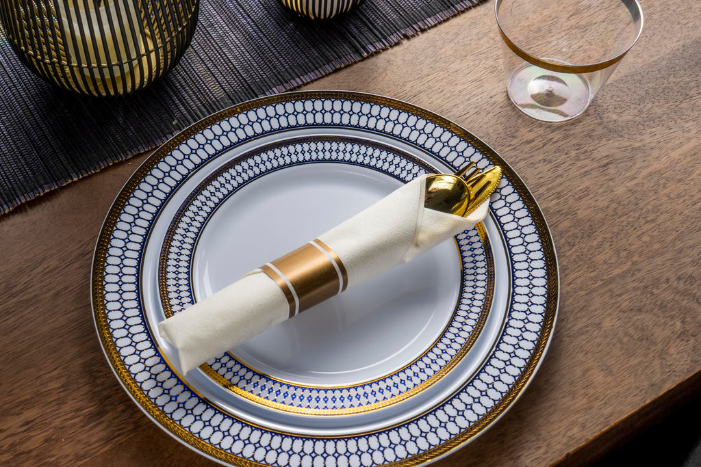 MONEST 350Pcs Blue and Gold Plastic Silverware Set for 50 Guests, Disposable Dinnerware Set includes: 50 Pre Rolled Napkins with Utensils, 50 Dinner Plates, 50 Dessert Plates, 50 Cups (Royal Sapphire)