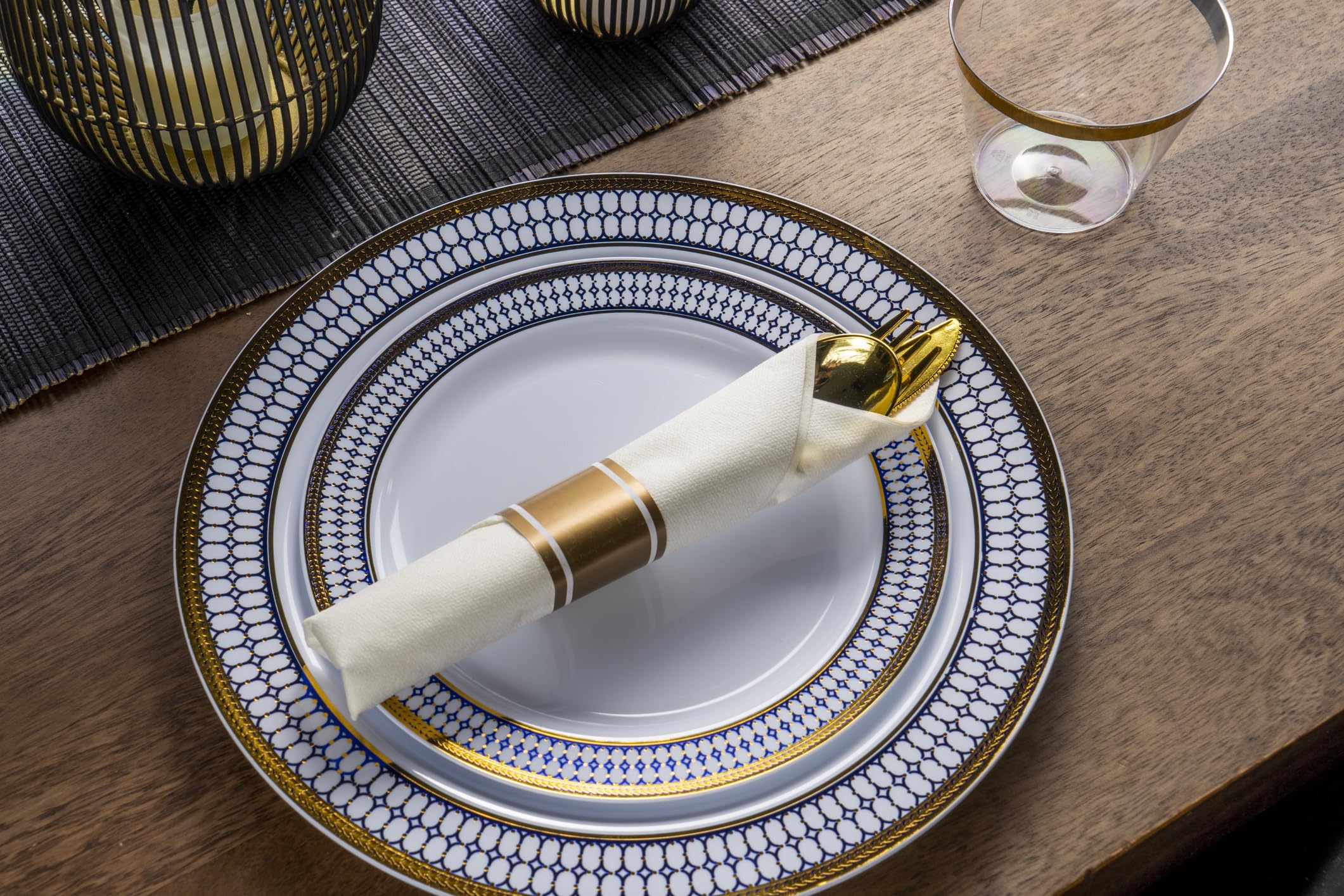 MONEST 350Pcs Blue and Gold Plastic Silverware Set for 50 Guests, Disposable Dinnerware Set includes: 50 Pre Rolled Napkins with Utensils, 50 Dinner Plates, 50 Dessert Plates, 50 Cups (Royal Sapphire)