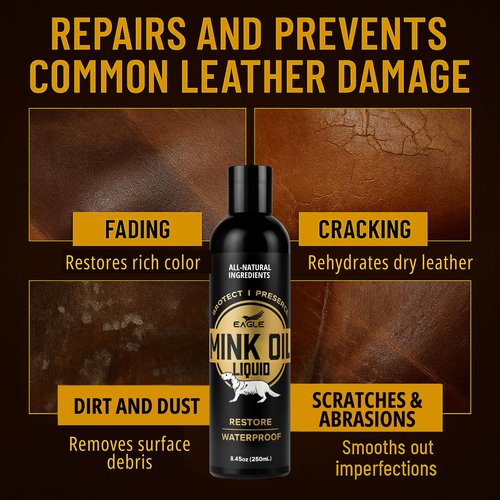 Eagle Mink Oil Liquid Leather Conditioner 8oz with Cloth – Softens, Waterproofs & Preserves Boots, Shoes, Bags, Jackets & Furniture – Natural Leather & Vinyl Conditioner for Long-Lasting Protection