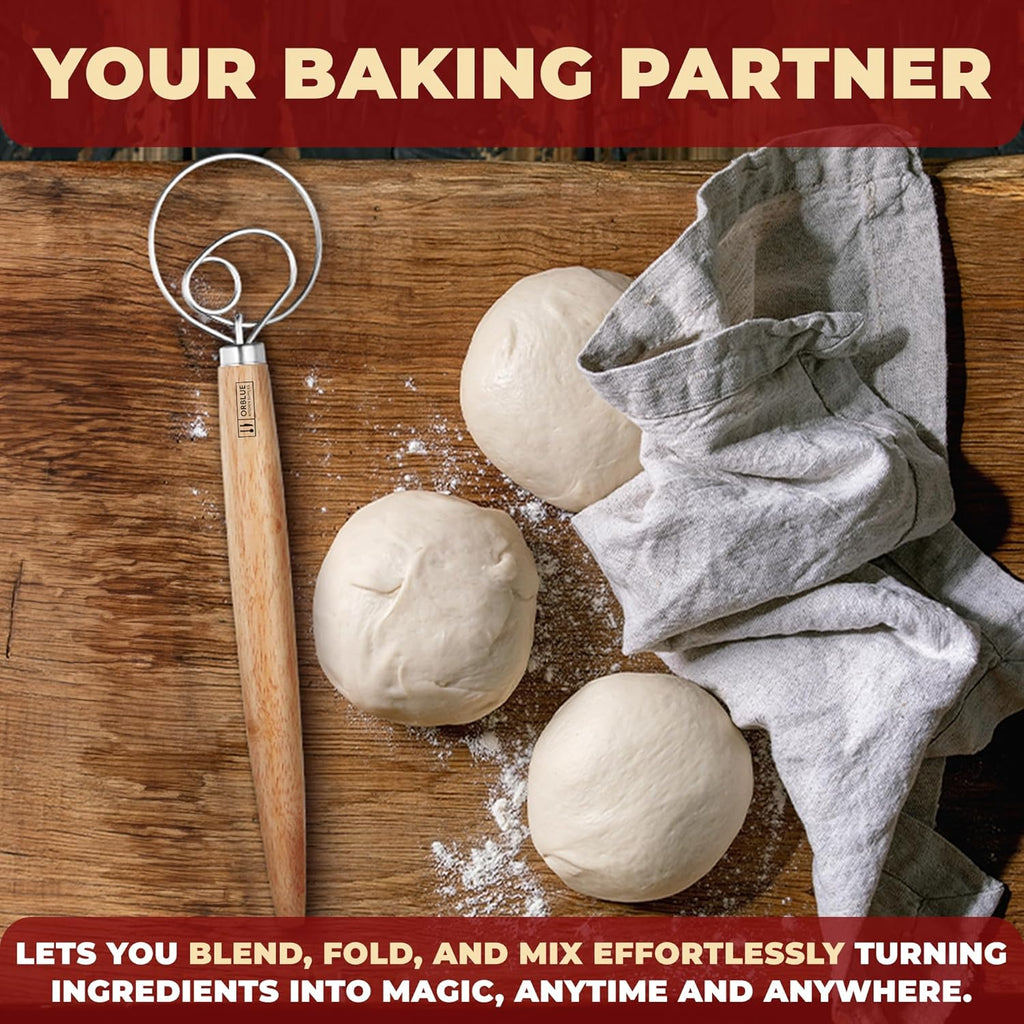 ORBLUE Premium Danish Dough Whisk - Stainless Steel Ring for Perfect Bread, Pastry & Pizza Dough - 13-Inch