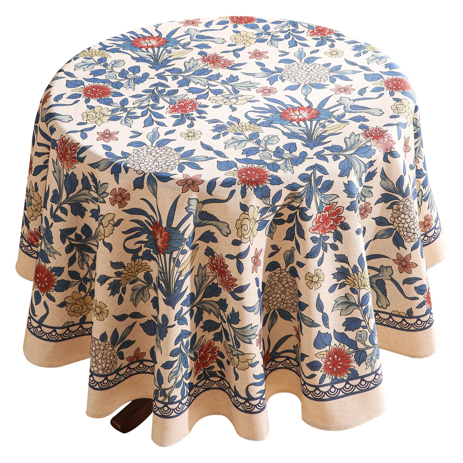 patdrea Designer Small Blue Tablecloth for Round Table,Vintage Linen Leaves and Floral Pattern Tablecloths,Farmhouse Decor Cover for Kitchen Dining Christmas,Thanksgiving,Diameter 55"-Ivar a