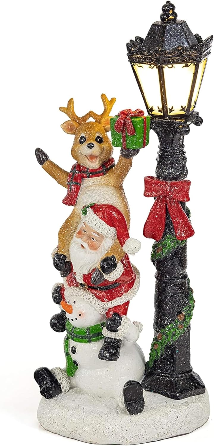 VP Home Light-Up Santa Figurines Trio - Festive Resin Christmas Decorations with LED Lights - 4 x 4 x 15 Inches
