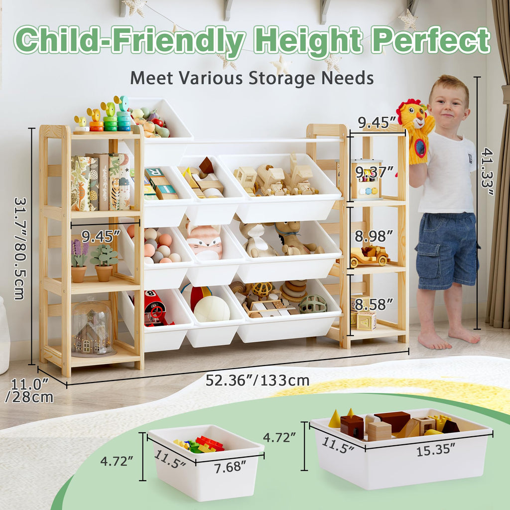 MallBest Extra Wide Toy Storage Organizer with 12 Bins and Dual Bookshelves – Solid Pine Wood Kids Toy Shelf and Bookcase for Bedroom, Nursery, or Montessori Playroom, (Natural)
