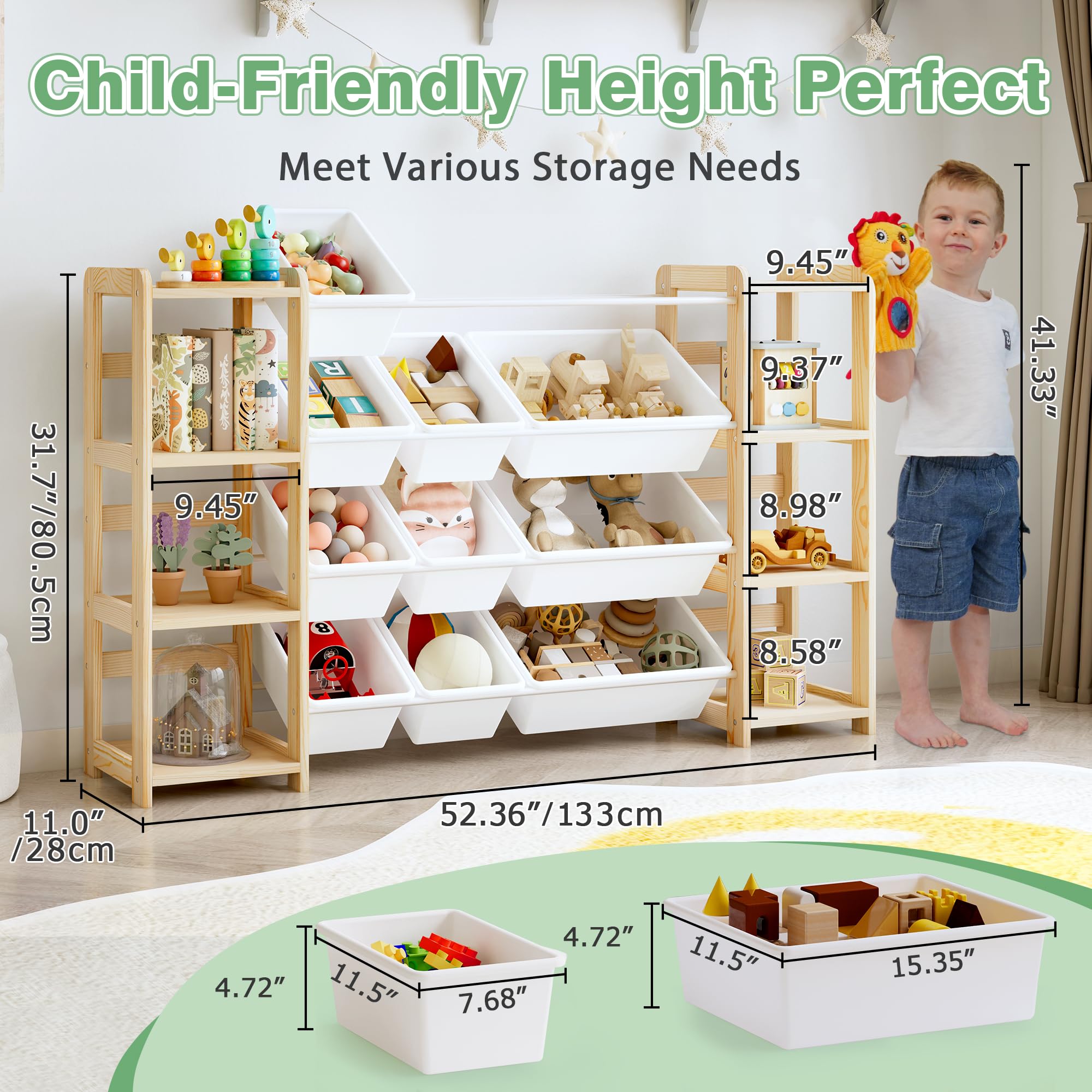 MallBest Extra Wide Toy Storage Organizer with 12 Bins and Dual Bookshelves – Solid Pine Wood Kids Toy Shelf and Bookcase for Bedroom, Nursery, or Montessori Playroom, (Natural)