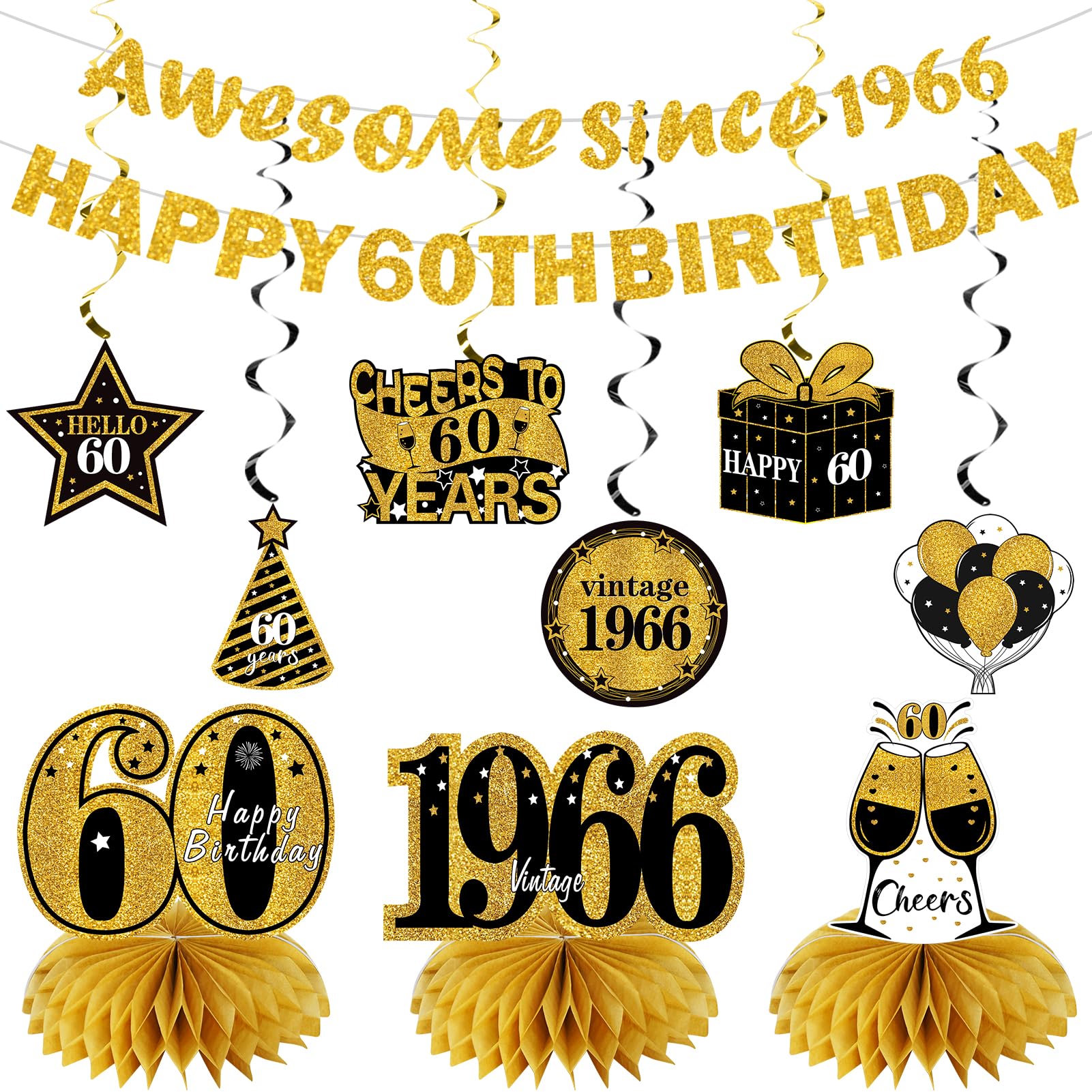 Kuxriox 11Pcs 60th Birthday Decorations Kit for Men Women, Black Gold Happy 60th Birthday Banner, Awesome Since 1966 Centerpieces Swirls Party Supplies, Sixty Bday Banner Ceiling Table Topper Sign