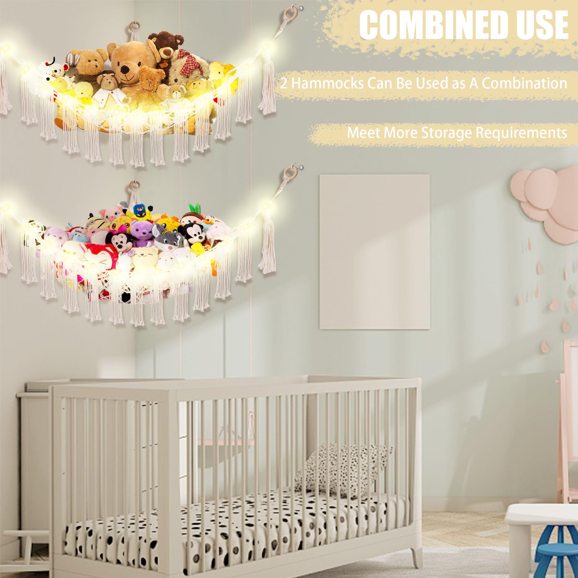 CERETIA Stuffed Animal Hammock with LED Light, Large Stuffed Animals Storage Corner Plushie Net for Kids Room Decor, White