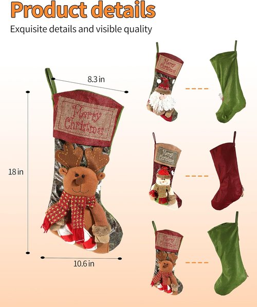 iStatue Large Christmas Stockings - 18'' Tall Plush Santa Claus Ornaments | Personalized Xmas Gift Bag