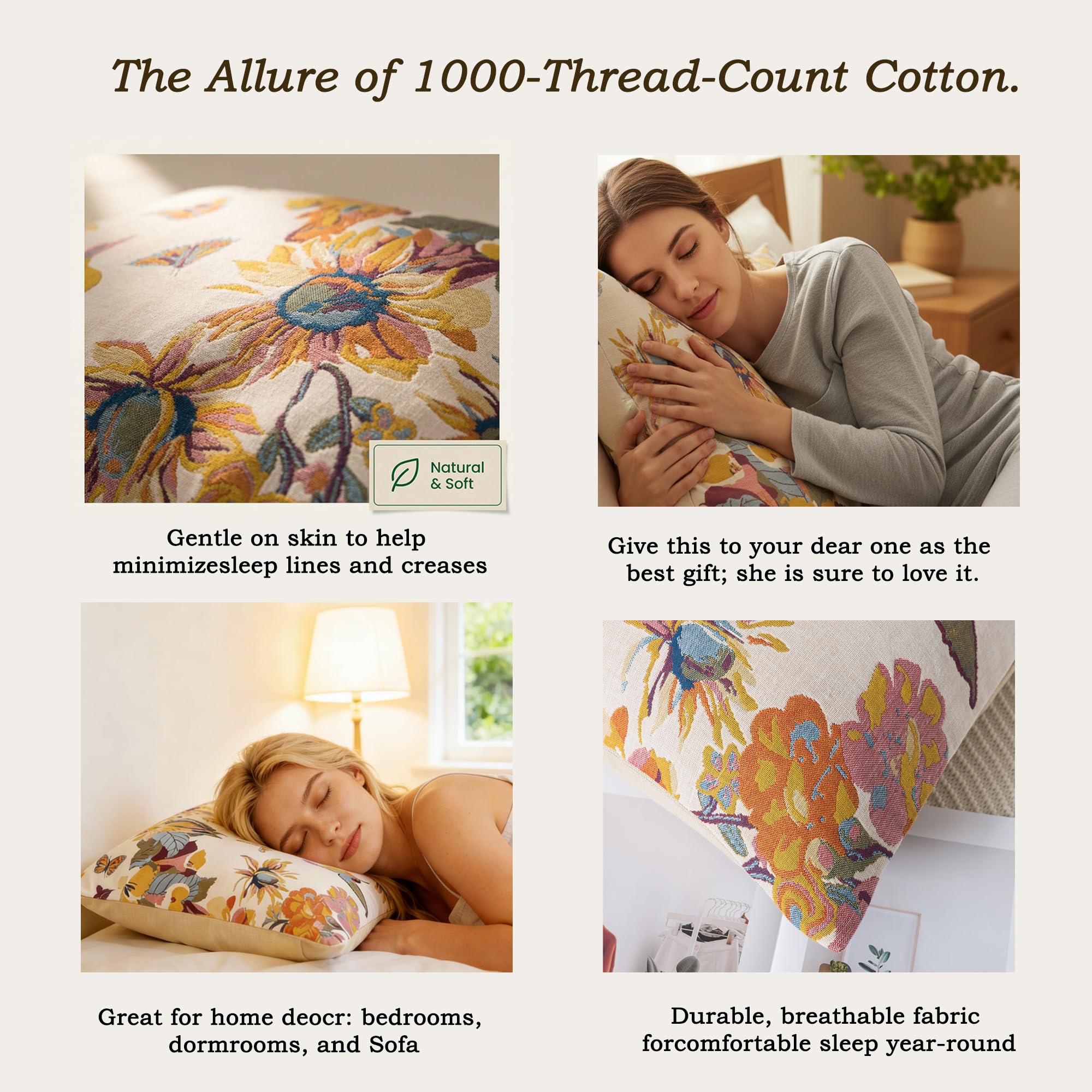 VANJOROY 100% Organic Washed Cotton Queen Pillowcases for Skin-Friendly Set of 2-1000 Thread Thick Count 20x30 Inches Luxury Boho Pillow Cases, Muslin Bird Floral Pattern Pillow Cover -Beige