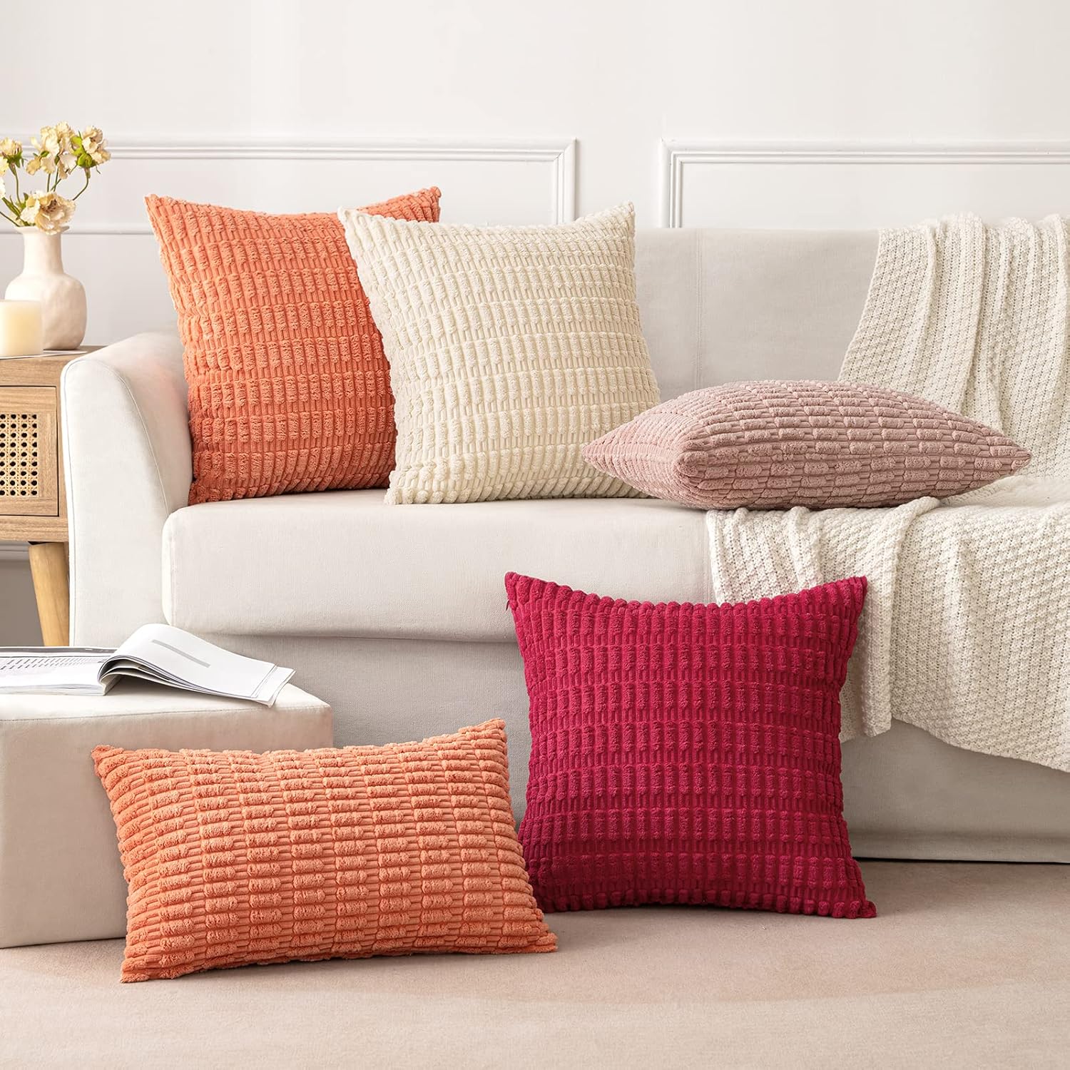 MIULEE Corduroy Throw Pillow Covers - Soft Boho Striped Design | 18x18 Inch for Modern Farmhouse Decor