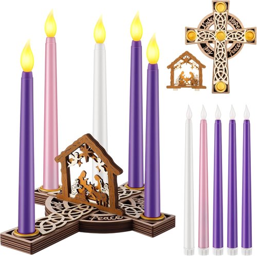 Christmas Advent Wreath Candle Holder - 5 Flameless Candles & Wood Cross Nativity Scene | Festive Table Decor